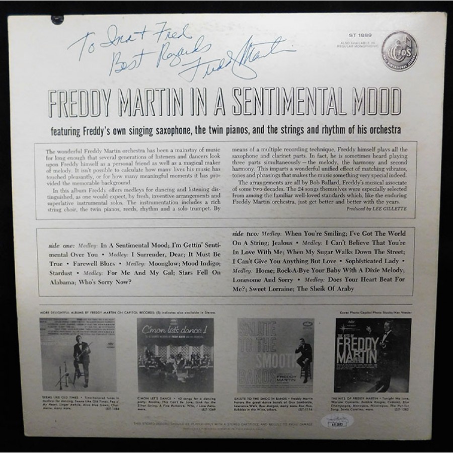 Freddy Martin In A Sentimental Mood Signed LP Album JSA Authenticated